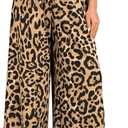 OYOANGLE Women's Leopard Print Elastic High Waist Wide Leg Pants Tie Front Pockets Loose Casual Trousers L