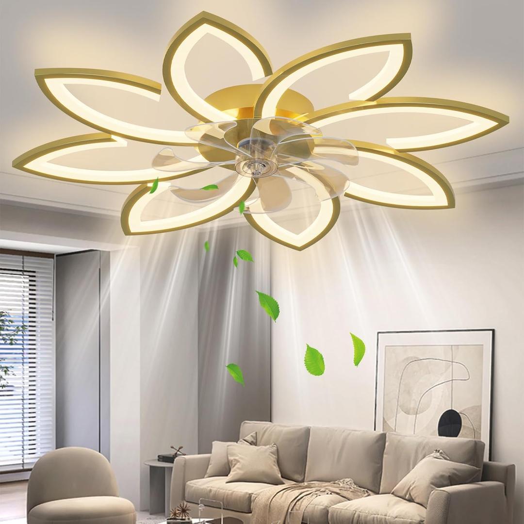 35" Ceiling Fans with Lights, Modern Ceiling Fans with Lights and Remote, Dimmable Bladeless Ceiling Fans with Light, Gold Ceiling Fan with light 6 Speed Reversible Timing for Bedroom, 35.4 inches diameter
