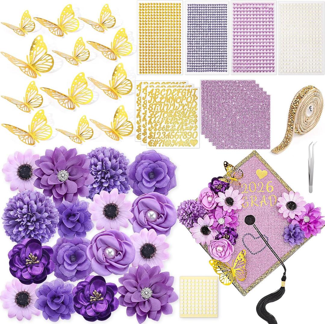 Wavwavw 43 PCS DIY Graduation Cap Decorations Kit, Grad Cap Decorations Included Faux Flowers 3D Butterfly Self Adhesive Rhinestones Stickers Alphabet Letter Stickers for 2026 Grad Party(Purple)