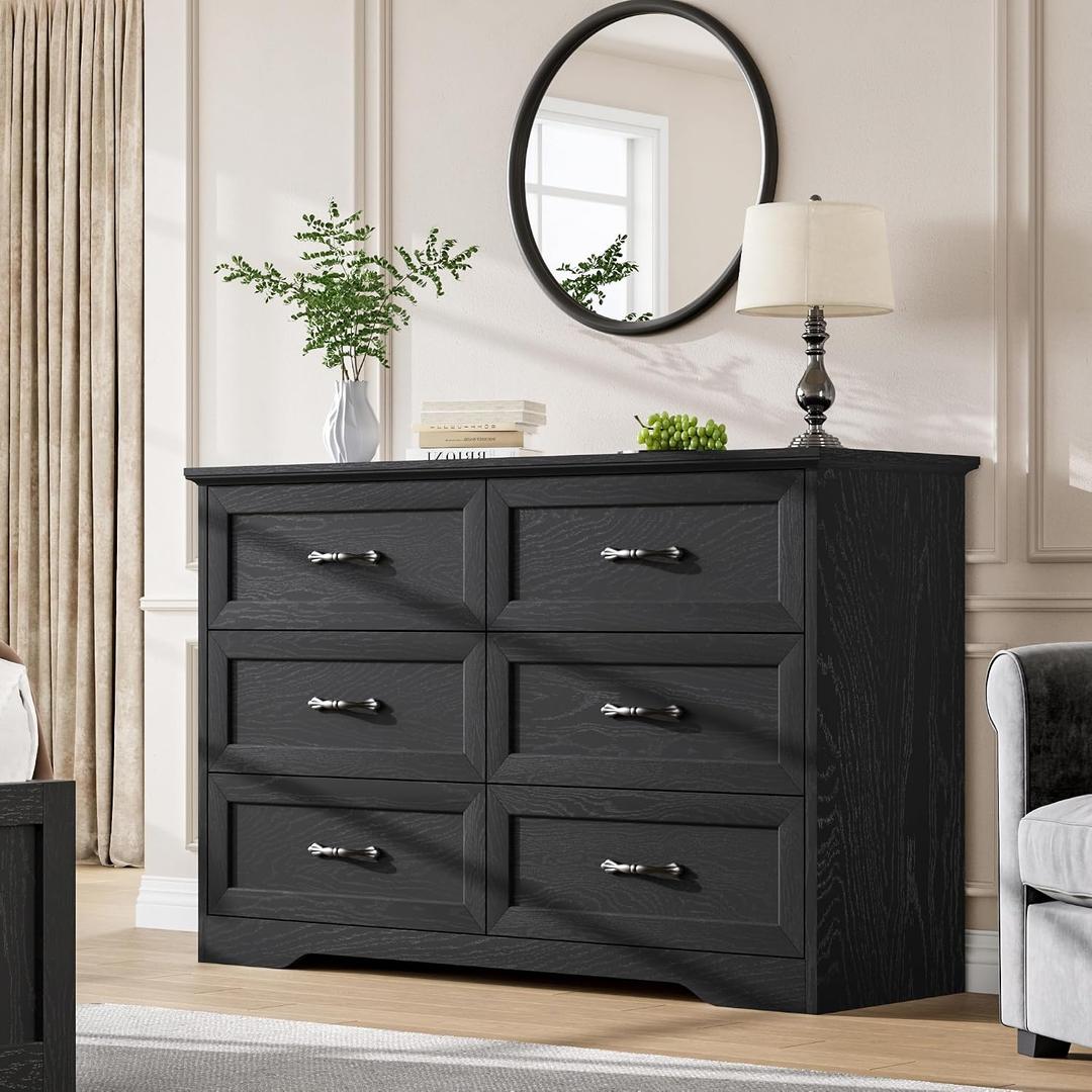 GarveeHome 6 Drawers Dresser for Bedroom, Chest of Drawers with Wide Metal Handle, Farmhouse Modern Wooden Dresser, Natural Texture, Storage Organizer for Bedroom, Living Room, Kids Room(Black), 15.7"D x 47.2"W x 30.7"H