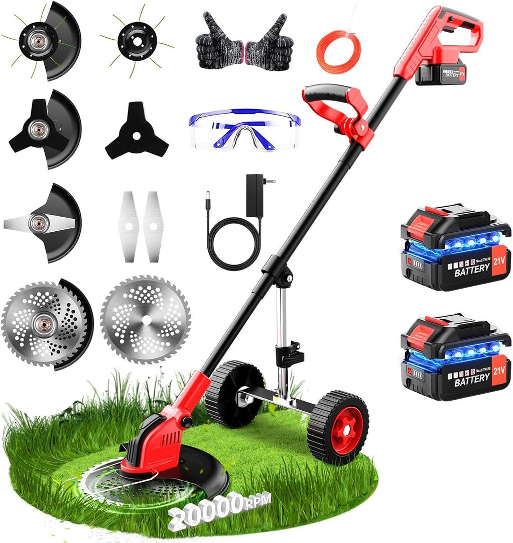 20000 RPM Electric Weed Wacker with Wheel,12 Brushless Cordless Weed Eater Battery Powered, 4-in-1 Brush Cutter/String Trimmer/Grass Trimmer/Lawn Mower,Edger Stringless Weed Trimmer,5 Blade,2 Battery