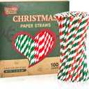 3 x Christmas Paper Straws Green Red Striped7.75 inch, Biodegradable Disposable Holiday Drinking Straws, Party Decoration Straws - 100 Pack (Classic stripes-100)