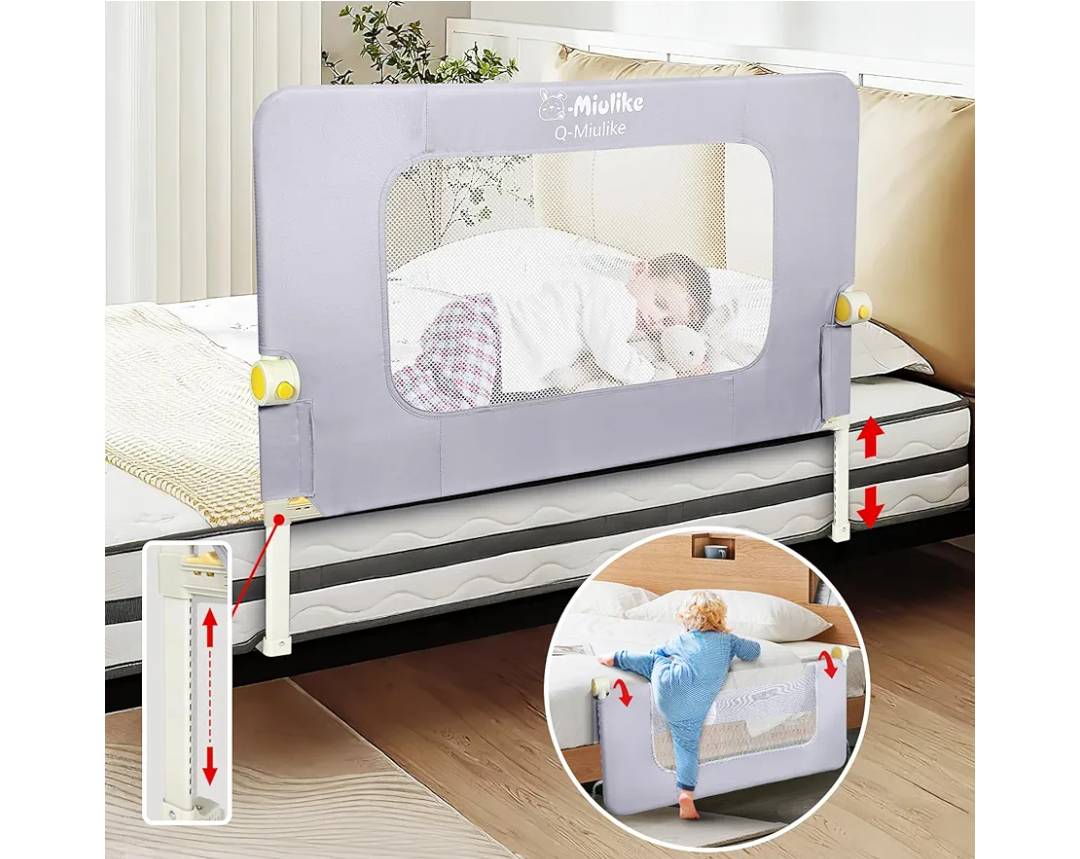 Q-MIULIKE Baby Bed Rail for Toddlers Crib Guard Rail Smooth Flip-Down Safety Rail Guards for 14 Height Adjustable, Toddlers Bed Rails for Full King Queen Twin Bed for 31.5''，1 Piece