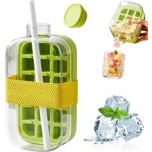 Ice Cube Bottle, 2 in 1 Zero Touch Press Ice Cube Mold Water Bottle with Lid and Bin, Ice Bottle Cup, Ice Cube Making Bottle with Lid for Freezer, Travel, Gym & Home Use