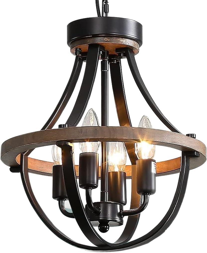 ChandeliersFarmhouse Ceiling Chandelier Wood Black Modern Rustic Hanging Pendant Light Fixture with Chain for Dining Room Living Room Entryway Kitchen Island Bedroom Foyer Lighting4-Light (13 inch Wood)