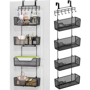 HapiRm Over The Door Organizer - Hanging Door Organizer with 4 Metal Large Capacity Baskets and Adjustable Coat Hook for Bathroom Bedroom Kitchen Pantry Closet Cabinet (5 Tier, Black)