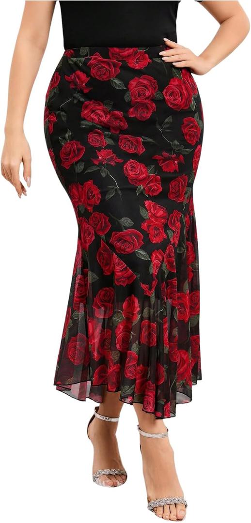 WDIRARA Women's Plus Size Floral Ruffle Hem Bodycon Midi Skirt Elastic Waist Fishtail Skirts