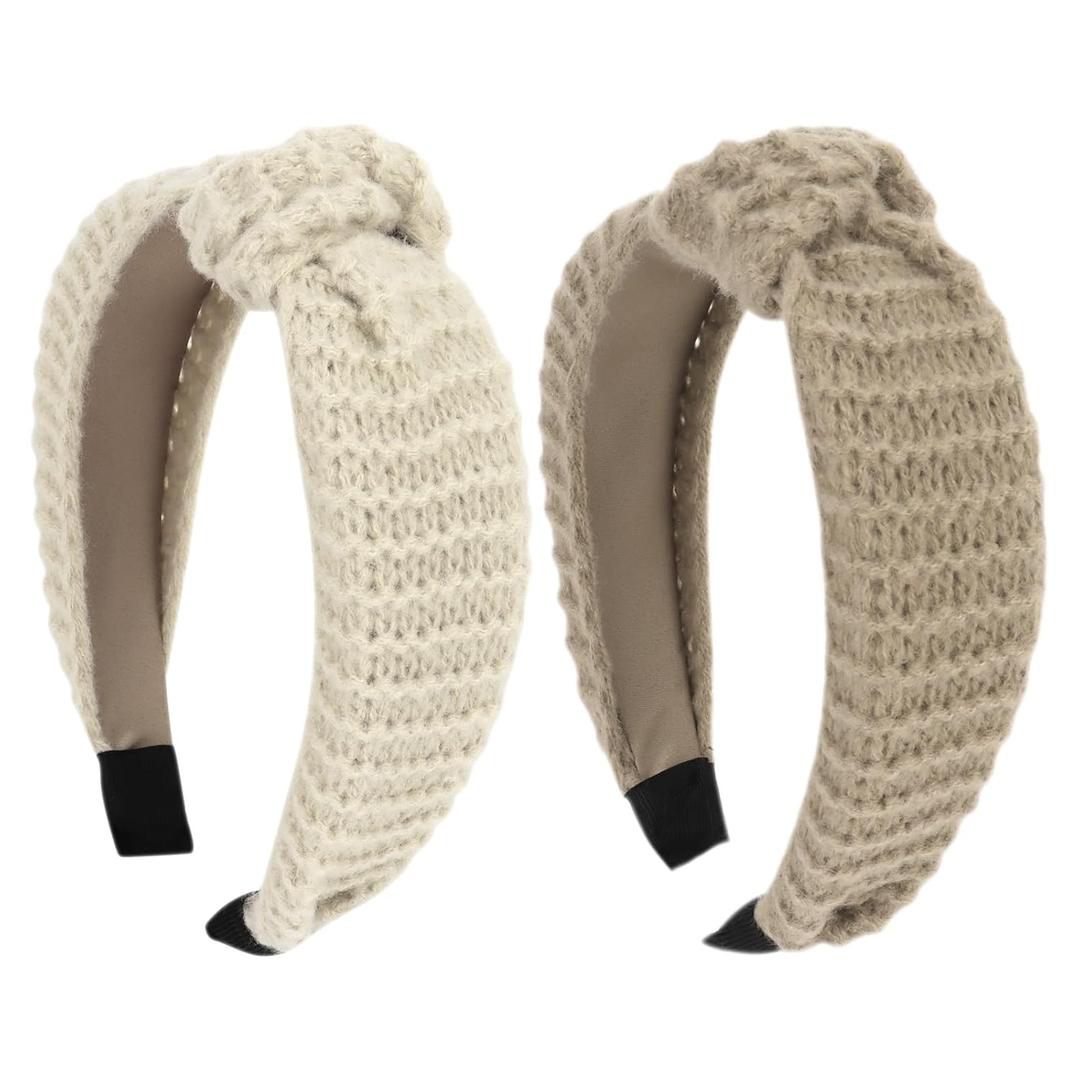 Knit Headbands for Women - Knotted, Large, Non-slip Thick Womens Winter Headbands - 2 Pack (Beige and Khaki)