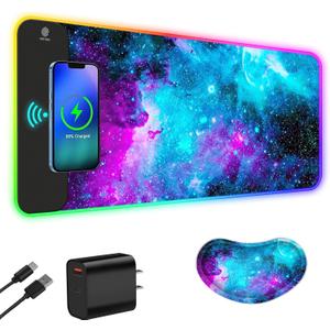 ToLuLu Wireless Charging RGB Gaming Mouse Pad, 15W LED Mouse Mat with 30W Charger, 14 Light Modes Large Mousepad with Wrist Support, Non-Slip Rubber Base Desk Mat Computer Keyboard Pad, Galaxy Nebula