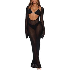 3 Piece Swimsuits for Women Sexy Halter Triangle Thong Bikini Sets with Sheer Mesh Beach Cover Up Dress Vacation Outfits (Black, XS)