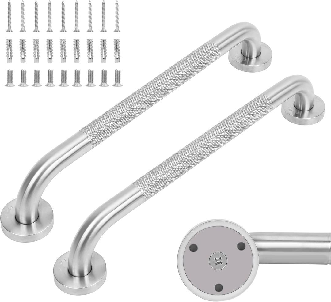 Knurled Mirror Polished Bathroom Grab Bar 2 Pack, 18 Inch Universal Stainless Steel Shower Grab Bars for Seniors, Wall Mounted Handicap Safety Bar with Balanced Anti-Slip Support, Easy Installation
