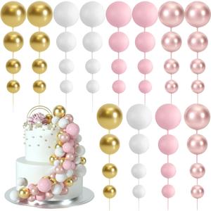48 Pcs Cake Topper Decorations - Balloon Cupcake Toppers, Foam Balls for Birthday Party Wedding Cake Decorating (Rose Gold, Pink, White, Gold)