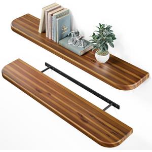 BATODA Set of 2 36 Acacia Floating Shelves for Wall (Round Edge) - Floating Bookshelf Wall - Storage Wood Shelves for House Decor, Kitchen, Bathroom - Brackets and Hardware Included (Walnut Color) (36 Inch Length)