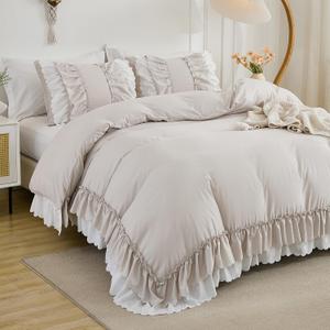 Herside Beige Ruffle Comforter Set King Size,Shabby Chic Boho Bedding Sets, Soft Fluffy Comforters Sets for All Season,Vintage Ruffled 3 Pcs Microfiber Lightweight Quilt Set for Women Girls | Ruffle, Shabby Chic