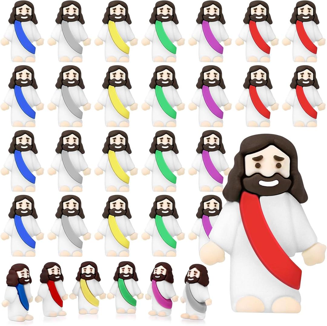 Draupnir 30 Pcs Little Jesus Figures, Mini Rubber Jesus Figures Bulk 6 Colors Tiny Small Jesu Figure to Hide and Seek Religious Party Favors Sunday School for Easter Egg Stuffers, 06003 (Multicolor)