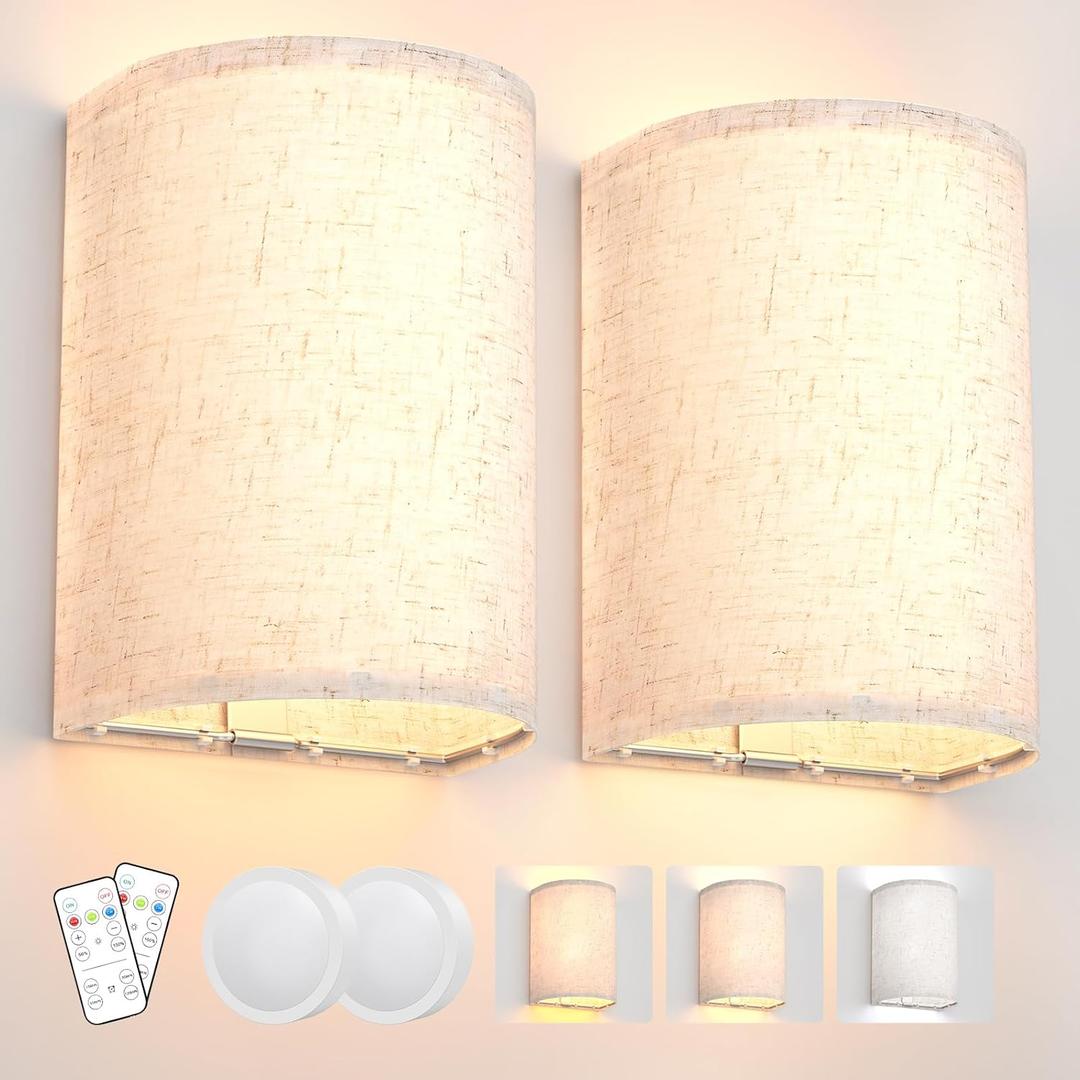 Wall Sconces Set of Two, Battery Operated Wall Sconces 3 Colors Changeable Dimmable Wall Lights Fixtures with Remote Control Fabric Wall Lamp Sconces for Bedroom Living Room Hallway