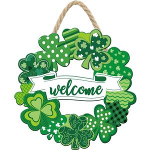 Wooden St. Patrick's Day Decoration Shamrock Door Wreath for Front Door Sign Wall Signs Shamrock Clover Spring Decoration, Irish Sign Welcome Hanging for Home Decor Party Outdoor Indoor Supply