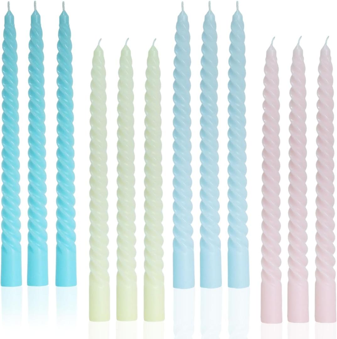 Colored Taper Candles Spiral Candle Sticks in Rainbow Colors,Unscented Pastel Candle for Holiday,Wedding and Home Decoration,10inch,12 Pack(E-4colored)