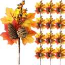 12 Pack Fall Stems Artificial Berry Picks Fall Picks with Maple Leaves Pine Cone Branches Decorations for Harvest Autumn Thanksgiving Day Flower Arrangements Wreaths Indoor Outdoor Home Decor (8.66 Inch)