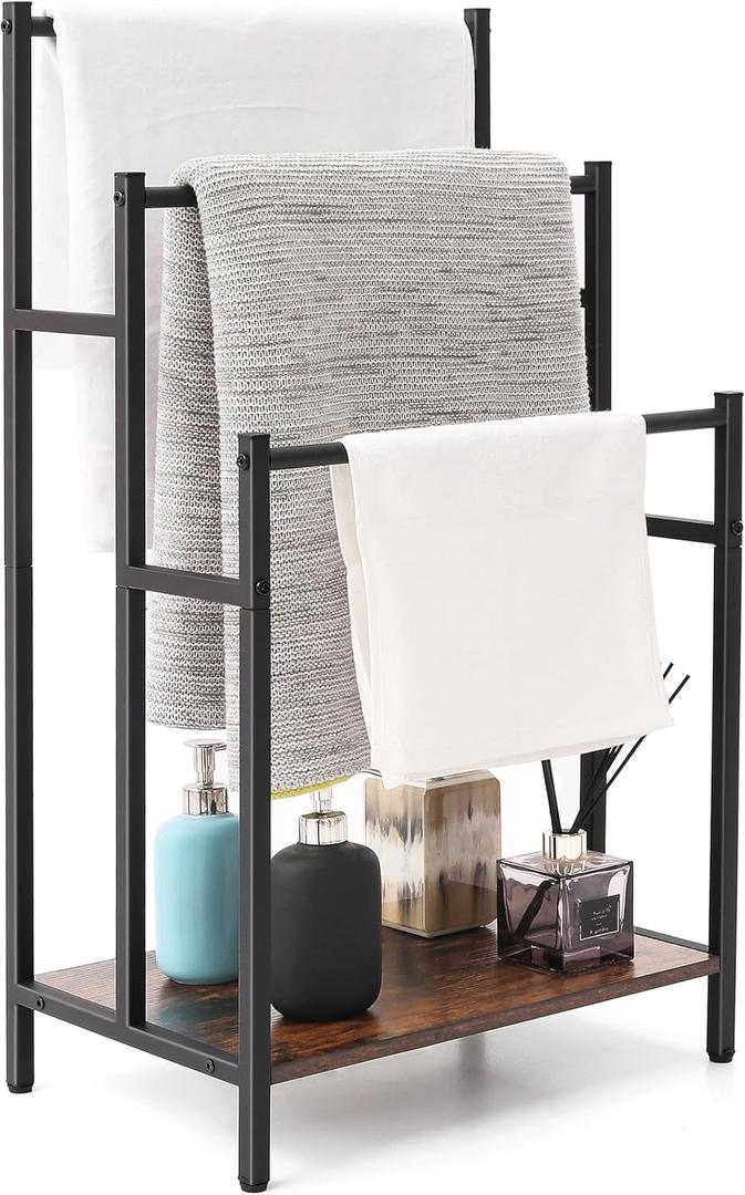 Freestanding Towel Rack Stand for Bathroom, 3 Tier Blanket Ladder Holder, Towel Drying and Display Rack with Shelf, Metal Blanket Rack, Farmhouse Rustic Brown and Black
