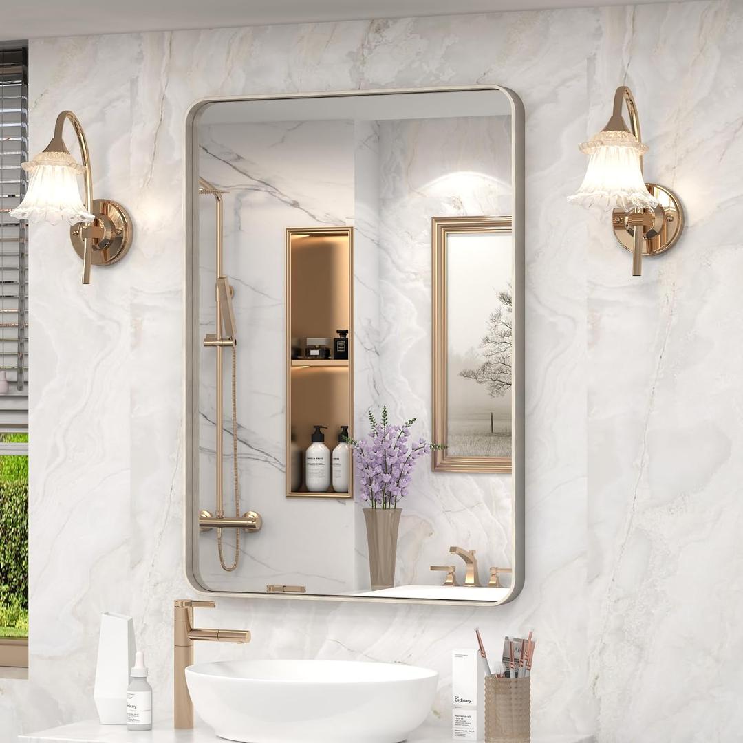 20x30 Inch Brushed Nickel Bathroom Mirror, Brushed Silver Metal Framed Wall Mirror, Rounded Corner Rectangle Modern Vanity Mirror, Tempered Glass, Anti-Rust, Shatterproof (Horizontal/Vertical)