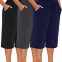 Neer 2 Pack Women's Plus Size Cotton Capris, Stretchy Wide Leg Cropped Pants with Pockets Fit Loose Lounge Pajama Sweatpants, Blue and Black, Size XXL