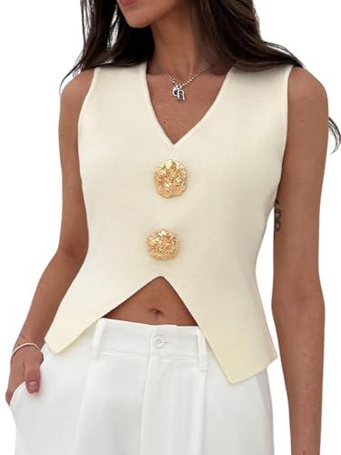 Verdusa Women's Old Money Tops Sweater Vest V Neck Metal Knit Trendy Going Out Tops Apricot X-Small