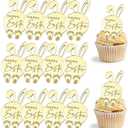 12 Pcs Happy Easter Bunny Cupcake Toppers, Acrylic Gold Rabbit Ears Mirror Disc Bunny Cake Toppers Cupcake Picks for Easter Theme Spring Party DIY Shower Party Decorations Supplies