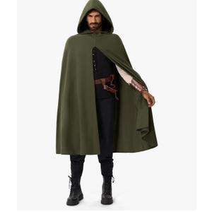 Spooktacular Creations Halloween Renaissance Cloak Costume Men, Green Medieval Hooded Cape Vintage Capelet for Themed Parties L/XL