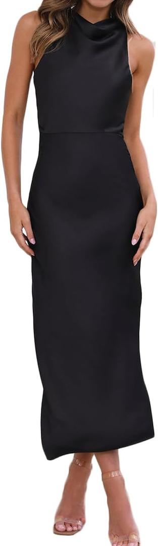 Halfisland Satin High Neck Backless Sleeveless Midi Dresses for Women Elegant Mock Neck High Waist Cross Back Cocktail Dress (X-Small, Black) Halfisland Satin High Neck Backless Sleeveless Midi Dresses for Women Elegant Mock Neck High Waist Cross Back Cocktail Dress (X-Small, Black)