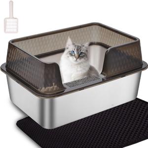 Enclosed High Sided Metal Stainless Steel Cat Litter Box with lid Scoop and Mats for Kittens or Medium Cats, Easy Clean Transparent Black Deep Tall Kitty Litter Box
