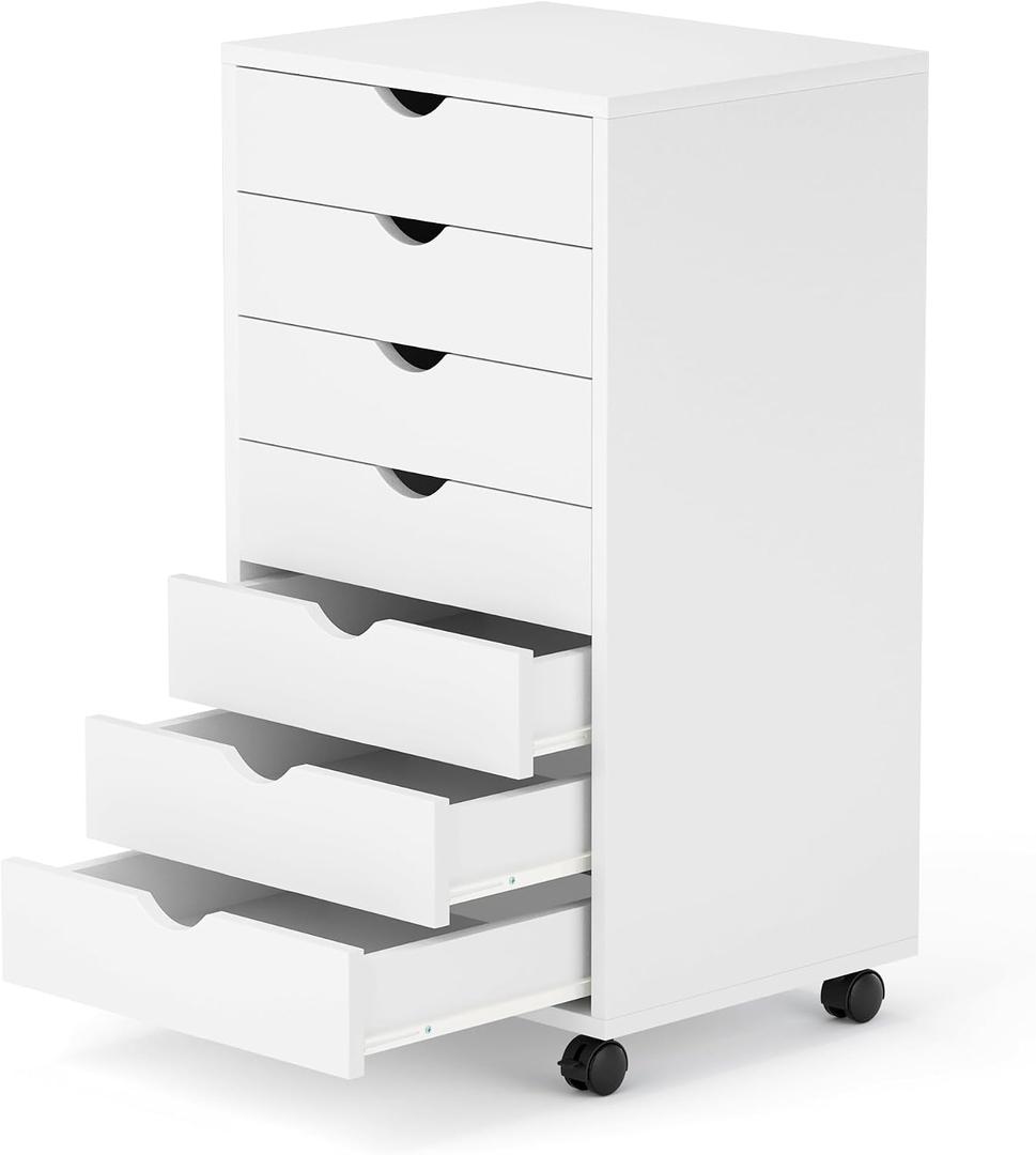 7 Drawer Mobile File Cabinet Under Desk Storage Organization with Wheels Vertical Filing Chest Rolling Wood Small Desk Printer Stand for Home Office, White