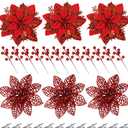 24pcs Christmas Glitter Tree Picks, 12pcs Poinsettias Artificial Flowers and 12pcs Berry Picks Christmas Tree Decorations Ornaments (Red)