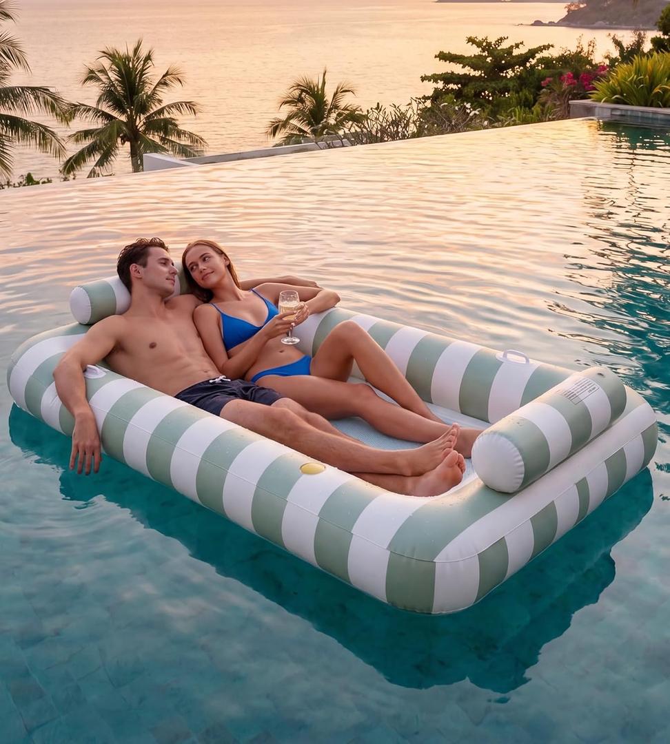 85" X 53" Extra Large 2-Person Tanning Pool Float, Inflatable Tanning Pool with Cooling Mesh Bottom, Heavy Duty Pool Floats Adult 2 Person, Suntan Tub Lounger for Lake and Beach
