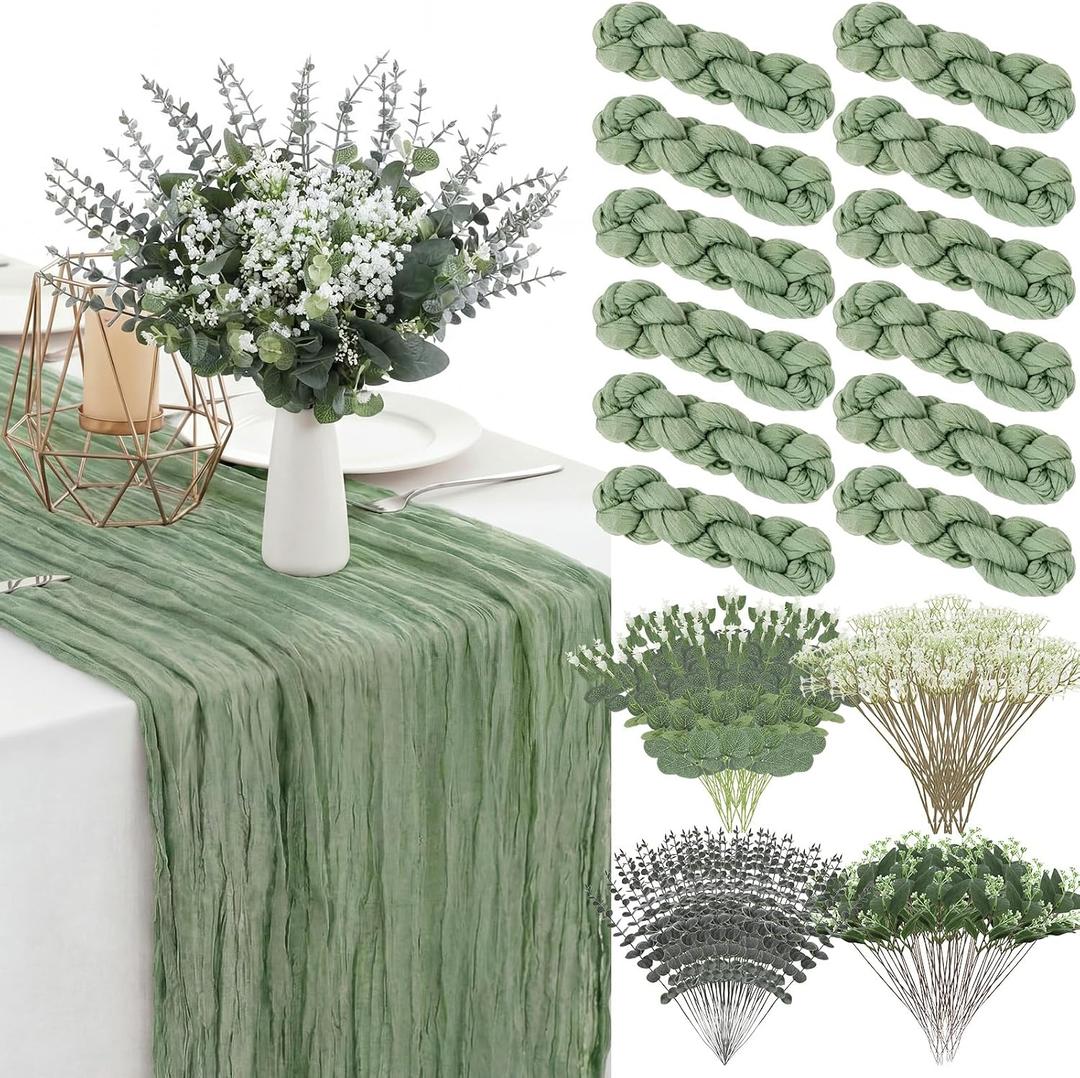 Gilprop Sage Green 132 Pcs Cheesecloth Table Runner with Artificial Greenery Stems Set 35 x 118 Inch Vintage Table Runners for Elegant Wedding Reception Bridal Baby Shower Party Home Decor