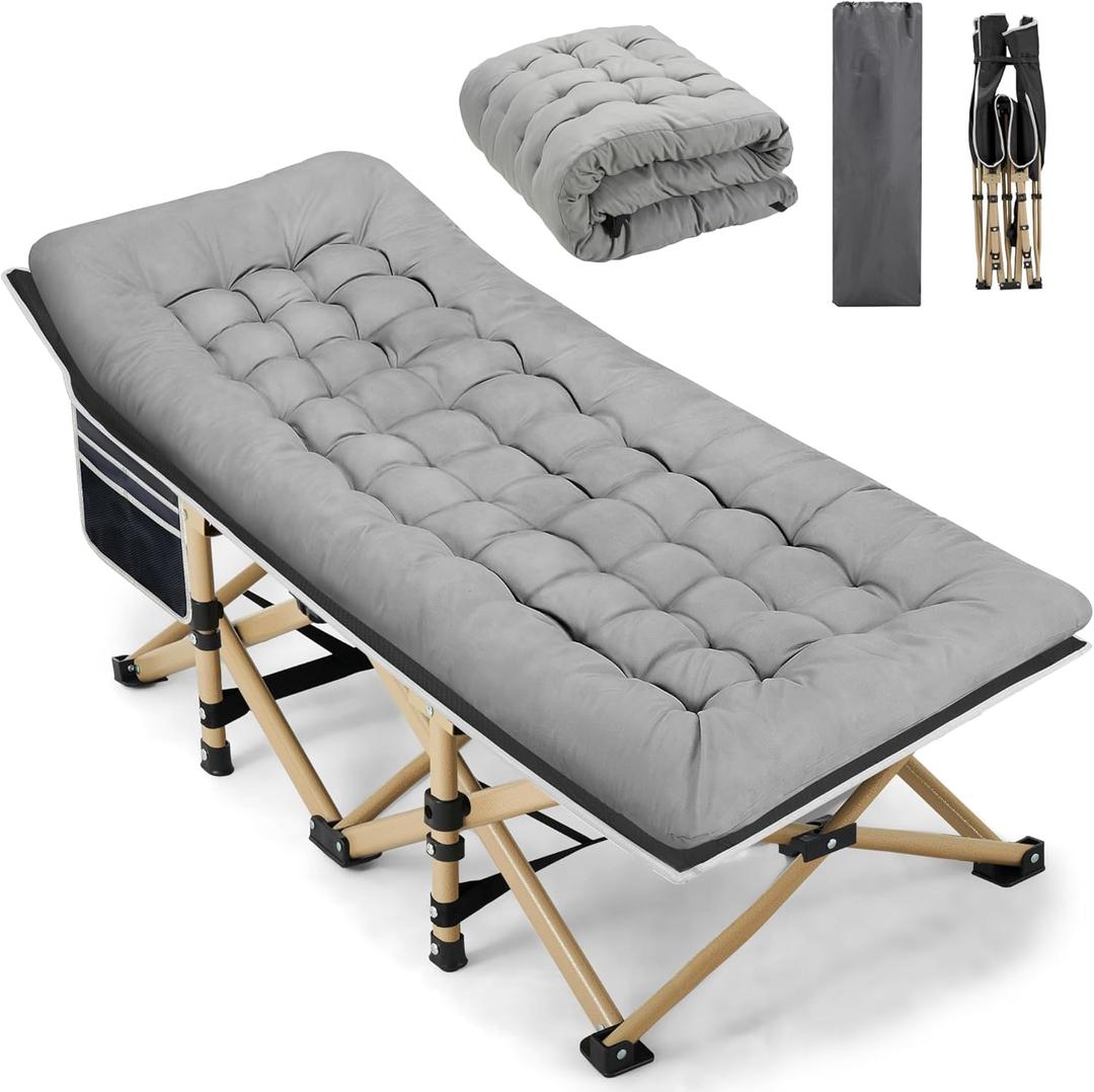 Portable Camping Cot, 600LBS Max Load, Extra Wide with Thick Mattress, Folding Cot for Outdoor Camping/Office, Home Nap (Grey)