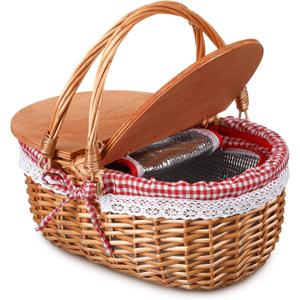 Wicker Insulated Picnic Basket with Lid Wicker Picnic Basket with Folding Handles and Insulated Cooler Bag for Camping Outdoor Easter Valentine Birthday Gift(Red Plaid)