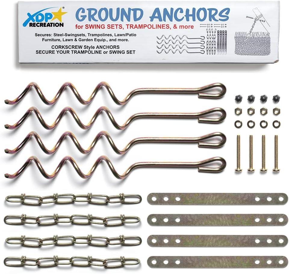 Metal Ground Anchor Kit - 4pcs Auger-Style 12 3/4" ea. All Hardware Included. Easy Assembly, Strong and Durable. for Backyard Swing Sets, Trampolines, Yard Furniture, by XDP Recreation a USA Company