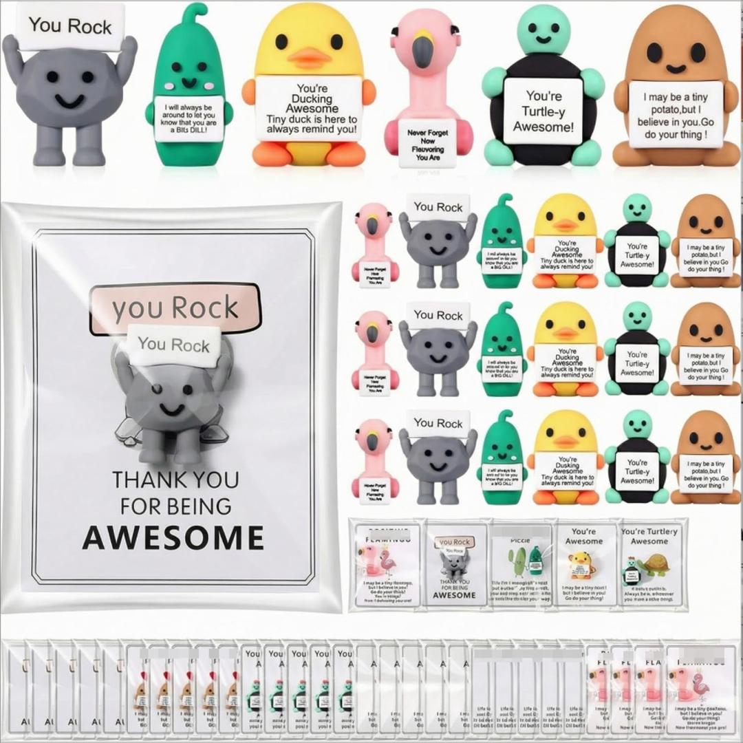 Gejoy 48 Sets Mini Positive Figures Gifts Mini Rubber Toy with Positive Card Bags Miniature Emotional Inspirational Birthday Gifts to Hide and Seek Encouragement Decorations for Coworkers Employees