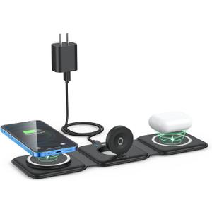 Wireless Charger 3 in 1,RTOPS Magnetic Travel Wireless Charging Station Multiple Devices,GaN 3 in 1 Charging Station,Compatible for iPhone16/15/14/13/Pro/Max,iWatch,AirPods4/3/2/Pro(Adapter Includes) (black)