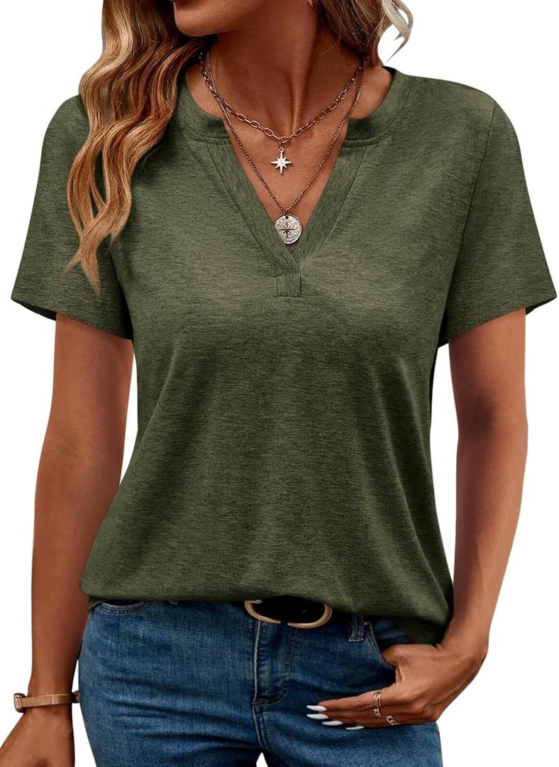 TICTICMIMI Women's V Neck Summer Tops Casual Short Sleeve T Shirts Basic Loose Fit Dressy Tees, Army Green,Large 
