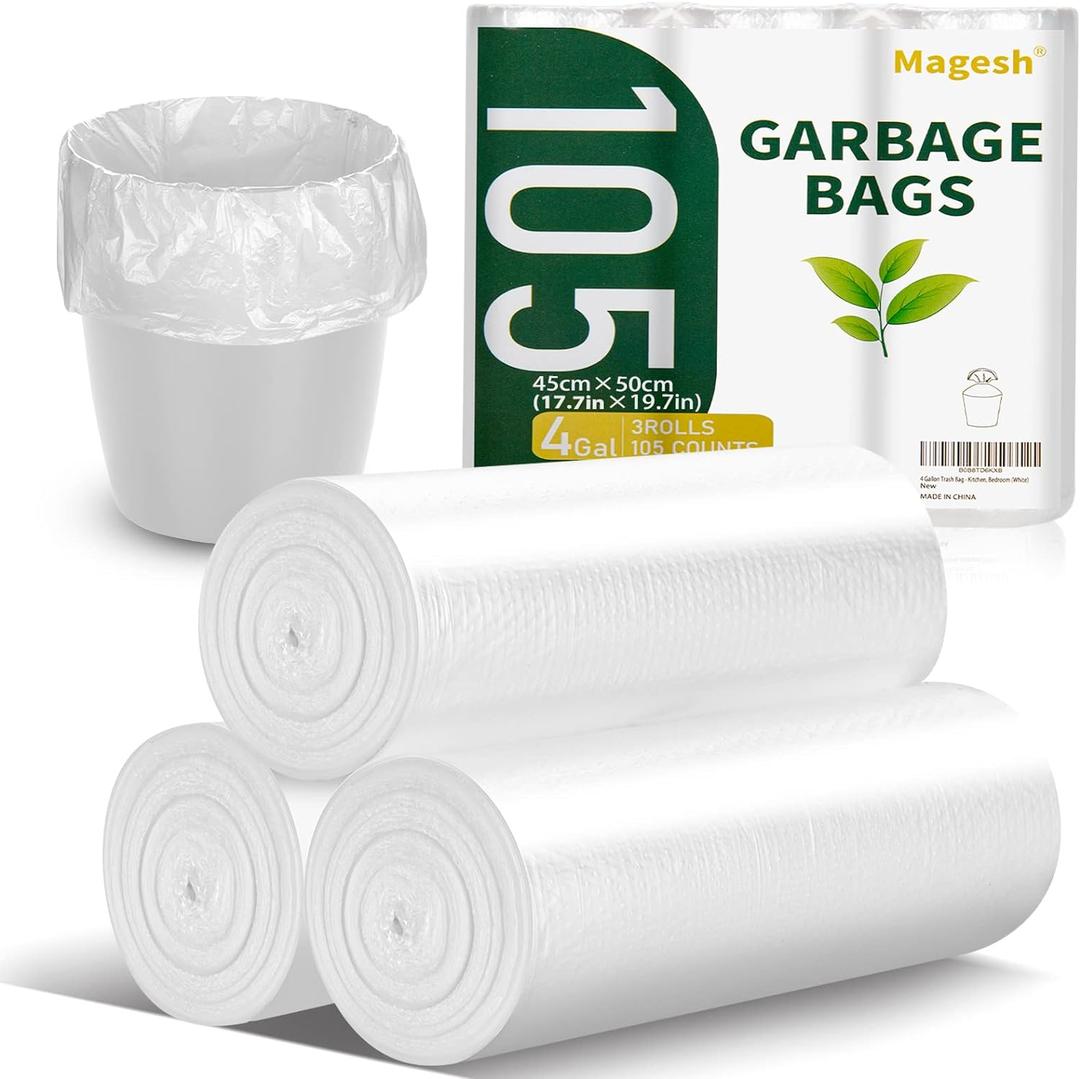 Magesh 4 Gallon Trash Bag Strong, Leakage-Free, Small Garbage Bags Unscented Thick for Bathroom, Office, Kitchen Small Trash Can, 15L, 105 Bags, Clear