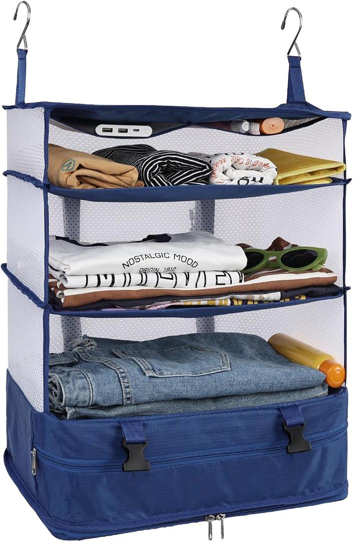 Surblue Hanging Closet Storage Bag Collapsible 3-Shelf Washable Oxford Fabric with 2 Hooks (XL 17.71 * 11.81 * 20in, Blue)