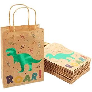 Juvale 24-Pack Dinosaur Party Favor Bags with Handles - 8.7 x 6.3 x 3.2 in Green Foil & Kraft Paper Goodie Bags - Bulk Set for Dinosaur Birthday Party Favors & Gifts