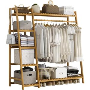 Bamboo Clothing Garment Rack 7 Tier Storage Shelf Coat Clothes Hanging Rack, Portable Wardrobe Closet Organizer With Top Shelf, Shoe Storage Shelves for Bedroom (Natural - 51.18 in)