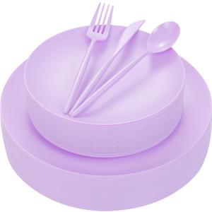 EI 150pcs Purple Plastic Plates for Party,Fancy Disposable Plates,Heavy Duty Plastic Dinnerware Set for Wedding,Easter,Afternoon Tea Party