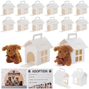 LOVYNO 26 Pcs Dog Party Favor Boxes with Pet Adoption Certificate, Dog House Shape Treat Gift Boxes with Holes, Adopt A Puppy Party Supply Boxes for Boys Girls Pet Adoption Theme DIY Crafting Party (White)