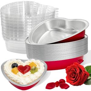 Heart Shaped Cake Pans, 20 Count Disposable Aluminum Foil Baking Tins with Lids - 7 Oz Mini Heart Muffin Pans for Cupcakes, Mother's Day, Valentine's Day, Wedding, Christmas (Red)