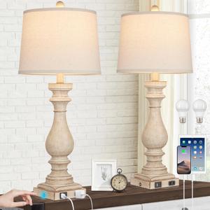 Cinkeda 29" Tall Table Lamp for Living Room Set of 2,Farmhouse Nightstand Bedside Lamps with USB C+A Ports & AC Outlet,3-Way Dimmable Touch Control Desk Lamp for Bedroom,Color 1 (Beige)