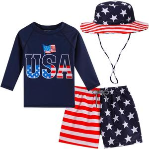 Baby Boys Swimsuit, 3-Piece Toddlers Swimsuit Trunk Long Sleeve Rashguard Swimwear and Sun Hat Set (Blue)